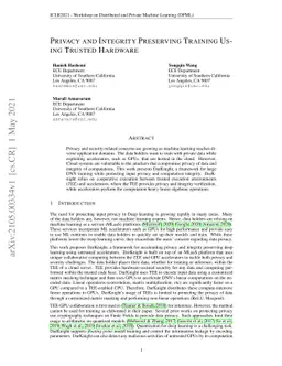 Privacy and Integrity Preserving Training Using Trusted Hardware