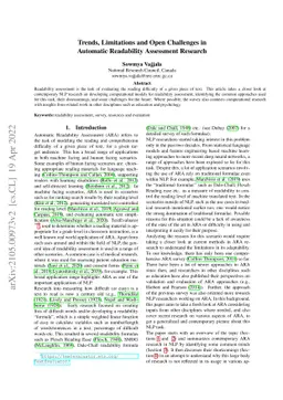 Trends, Limitations and Open Challenges in Automatic Readability
  Assessment Research