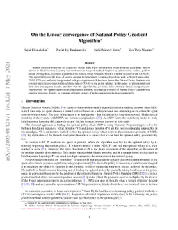 On the Linear convergence of Natural Policy Gradient Algorithm