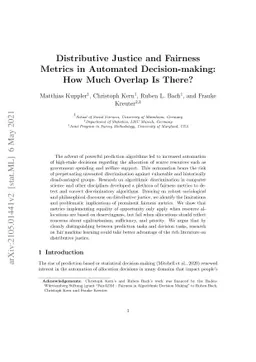 Distributive Justice and Fairness Metrics in Automated Decision-making:
  How Much Overlap Is There?