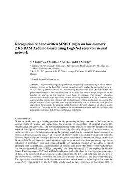 Recognition of handwritten MNIST digits on low-memory 2 Kb RAM Arduino
  board using LogNNet reservoir neural network