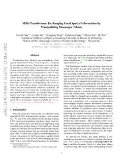 MSG-Transformer: Exchanging Local Spatial Information by Manipulating
  Messenger Tokens