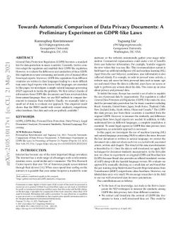 Towards Automatic Comparison of Data Privacy Documents: A Preliminary
  Experiment on GDPR-like Laws