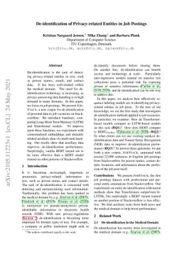 De-identification of Privacy-related Entities in Job Postings