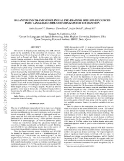 Balanced End-to-End Monolingual pre-training for Low-Resourced Indic
  Languages Code-Switching Speech Recognition