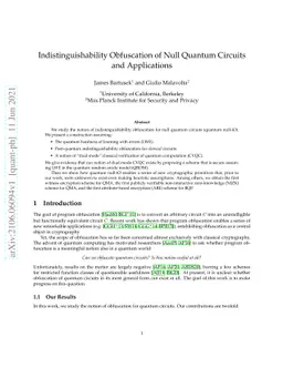 Indistinguishability Obfuscation of Null Quantum Circuits and
  Applications