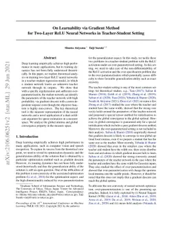 On Learnability via Gradient Method for Two-Layer ReLU Neural Networks
  in Teacher-Student Setting