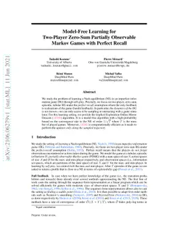 Model-Free Learning for Two-Player Zero-Sum Partially Observable Markov
  Games with Perfect Recall
