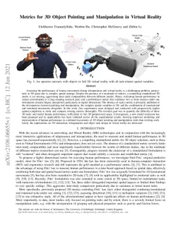 Metrics for 3D Object Pointing and Manipulation in Virtual Reality