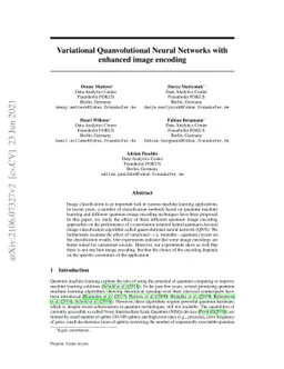 Variational Quanvolutional Neural Networks with enhanced image encoding