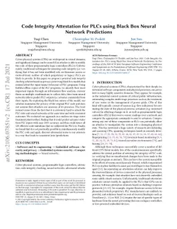 Code Integrity Attestation for PLCs using Black Box Neural Network
  Predictions