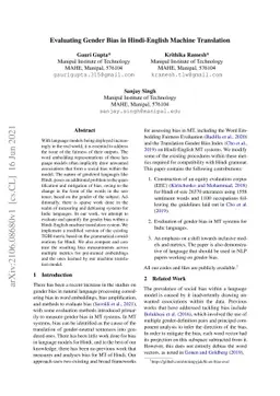 Evaluating Gender Bias in Hindi-English Machine Translation