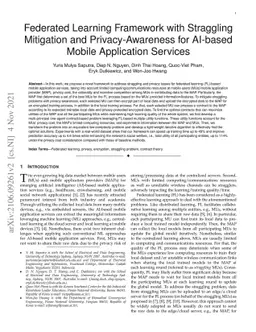 Federated Learning Framework with Straggling Mitigation and
  Privacy-Awareness for AI-based Mobile Application Services