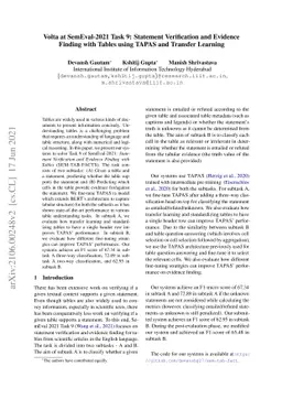 Volta at SemEval-2021 Task 9: Statement Verification and Evidence
  Finding with Tables using TAPAS and Transfer Learning