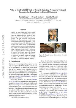 Volta at SemEval-2021 Task 6: Towards Detecting Persuasive Texts and
  Images using Textual and Multimodal Ensemble