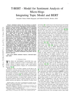 T-BERT -- Model for Sentiment Analysis of Micro-blogs Integrating Topic
  Model and BERT