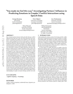 "You made me feel this way": Investigating Partners' Influence in
  Predicting Emotions in Couples' Conflict Interactions using Speech Data