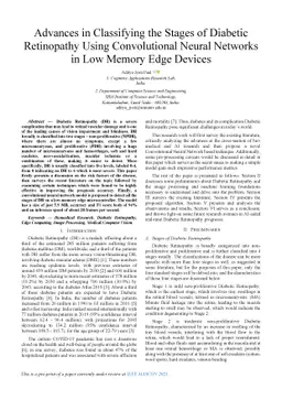 Advances in Classifying the Stages of Diabetic Retinopathy Using
  Convolutional Neural Networks in Low Memory Edge Devices