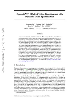 DynamicViT: Efficient Vision Transformers with Dynamic Token
  Sparsification