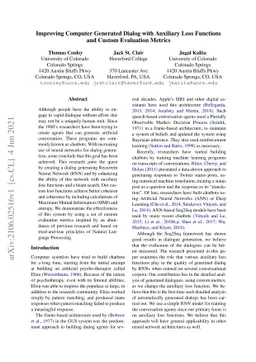Improving Computer Generated Dialog with Auxiliary Loss Functions and
  Custom Evaluation Metrics