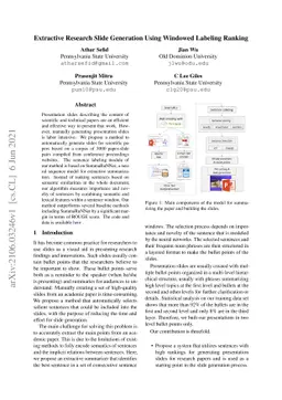 Extractive Research Slide Generation Using Windowed Labeling Ranking