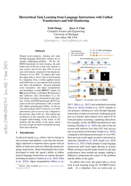Hierarchical Task Learning from Language Instructions with Unified
  Transformers and Self-Monitoring