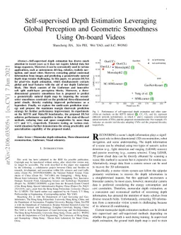 Self-supervised Depth Estimation Leveraging Global Perception and
  Geometric Smoothness Using On-board Videos