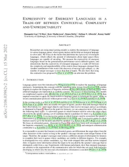 Expressivity of Emergent Language is a Trade-off between Contextual
  Complexity and Unpredictability
