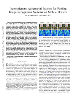 Inconspicuous Adversarial Patches for Fooling Image Recognition Systems
  on Mobile Devices