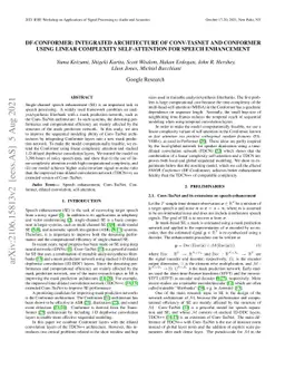 DF-Conformer: Integrated architecture of Conv-TasNet and Conformer using
  linear complexity self-attention for speech enhancement