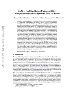 SimNet: Enabling Robust Unknown Object Manipulation from Pure Synthetic
  Data via Stereo