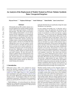 An Analysis of the Deployment of Models Trained on Private Tabular
  Synthetic Data: Unexpected Surprises