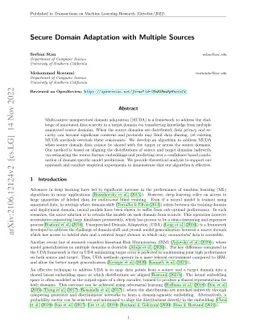 Secure Domain Adaptation with Multiple Sources