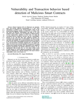 Vulnerability and Transaction behavior based detection of Malicious
  Smart Contracts