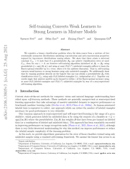 Self-training Converts Weak Learners to Strong Learners in Mixture
  Models
