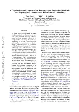 A Training-free and Reference-free Summarization Evaluation Metric via
  Centrality-weighted Relevance and Self-referenced Redundancy