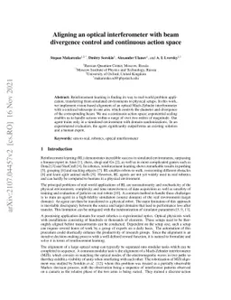 Aligning an optical interferometer with beam divergence control and
  continuous action space