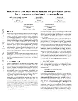Transformers with multi-modal features and post-fusion context for
  e-commerce session-based recommendation