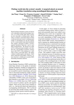 Putting words into the system's mouth: A targeted attack on neural
  machine translation using monolingual data poisoning