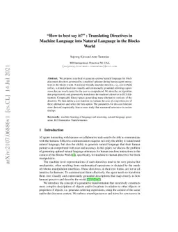 "How to best say it?" : Translating Directives in Machine Language into
  Natural Language in the Blocks World