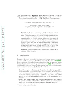 An Educational System for Personalized Teacher Recommendation in K-12
  Online Classrooms