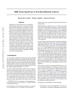 BRR: Preserving Privacy of Text Data Efficiently on Device