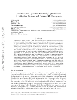 Greedification Operators for Policy Optimization: Investigating Forward
  and Reverse KL Divergences