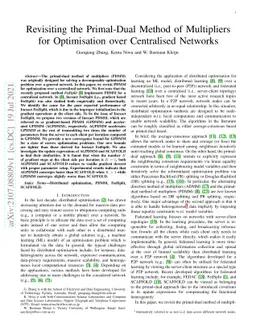 Revisiting the Primal-Dual Method of Multipliers for Optimisation over
  Centralised Networks
