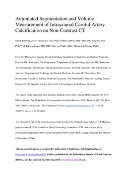 Automated Segmentation and Volume Measurement of Intracranial Carotid
  Artery Calcification on Non-Contrast CT