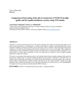 Comparison of forecasting of the risk of coronavirus (COVID 19) in high
  quality and low quality healthcare systems, using ANN models
