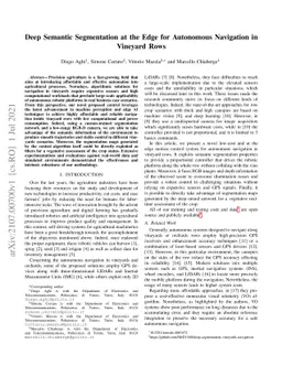 Deep Semantic Segmentation at the Edge for Autonomous Navigation in
  Vineyard Rows