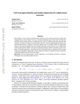 Universal approximation and model compression for radial neural networks