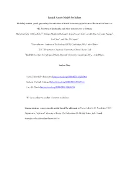 Lexical Access Model for Italian -- Modeling human speech processing:
  identification of words in running speech toward lexical access based on the
  detection of landmarks and other acoustic cues to features