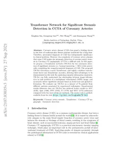 Transformer Network for Significant Stenosis Detection in CCTA of
  Coronary Arteries
